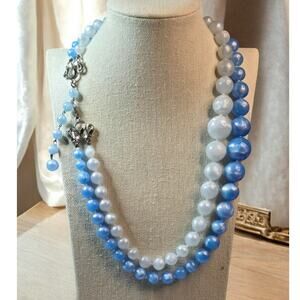 Blue and White with Decorative Silver Hook Clasp Beaded Vintage Necklace